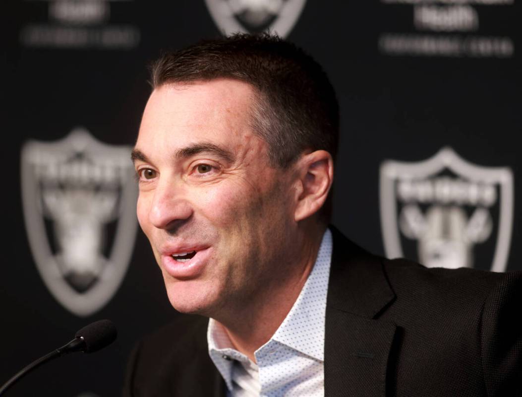 Raiders General Manager Tom Telesco speaks about the upcoming NFL draft during a press conferen ...