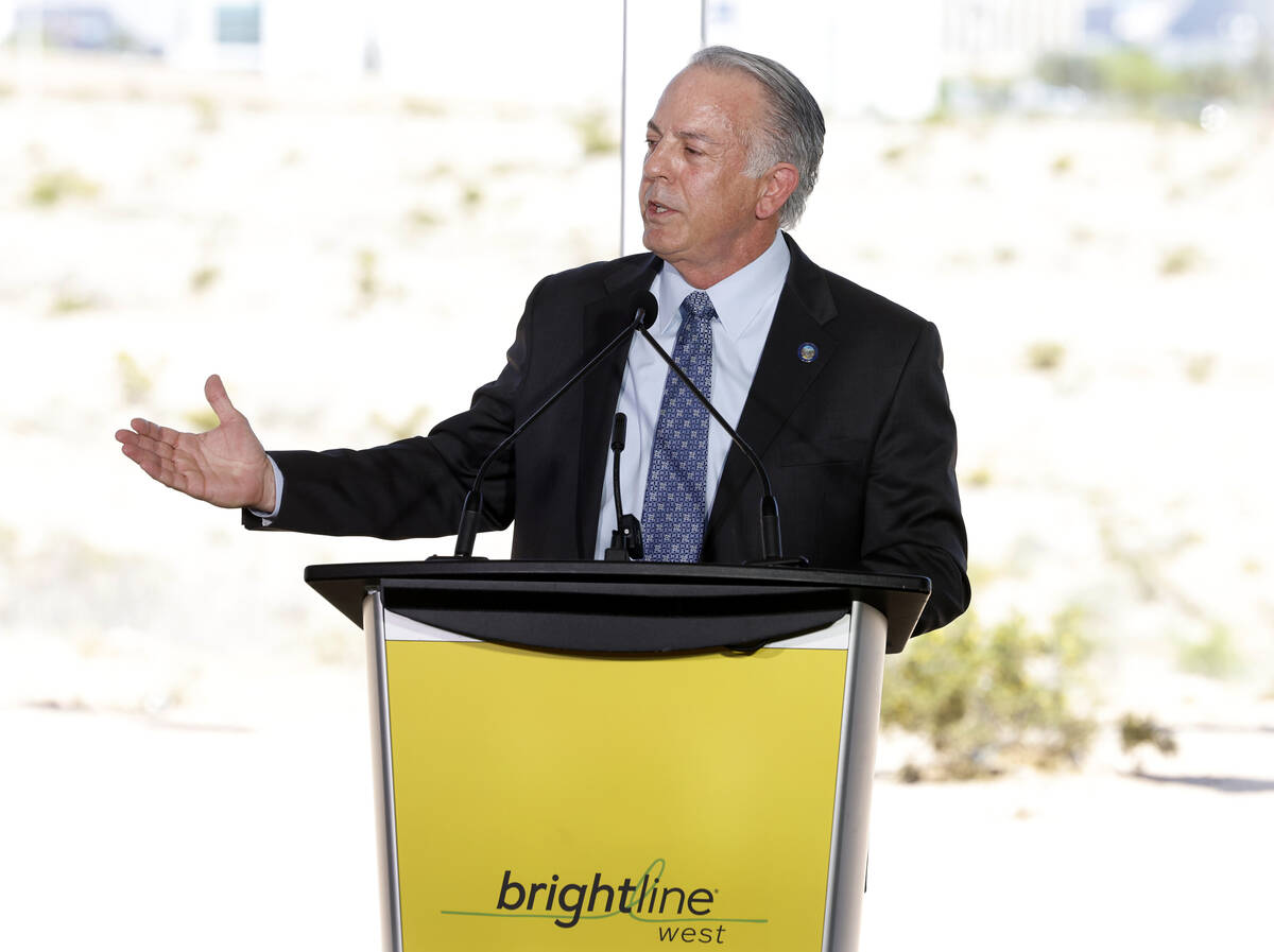 Gov. Joe Lombardo speaks during the groundbreaking ceremony of Brightline West Monday, April 22 ...