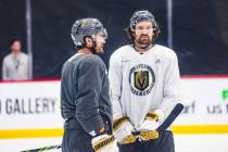 Golden Knights right wing Mark Stone speaks with a teammate during practice at National City Ar ...