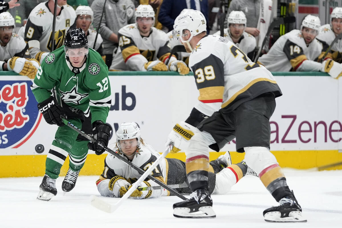 Dallas Stars center Radek Faksa (12) looks to take control of the puck in front of Vegas Golden ...