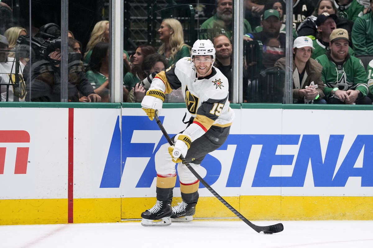 Vegas Golden Knights' Noah Hanifin makes a pass in Game 1 of an NHL hockey Stanley Cup first-ro ...