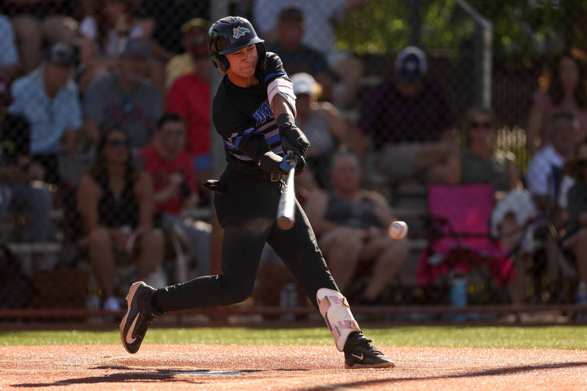 Basic second baseman Tate Southisene (8) bats against Faith Lutheran during a high school baseb ...