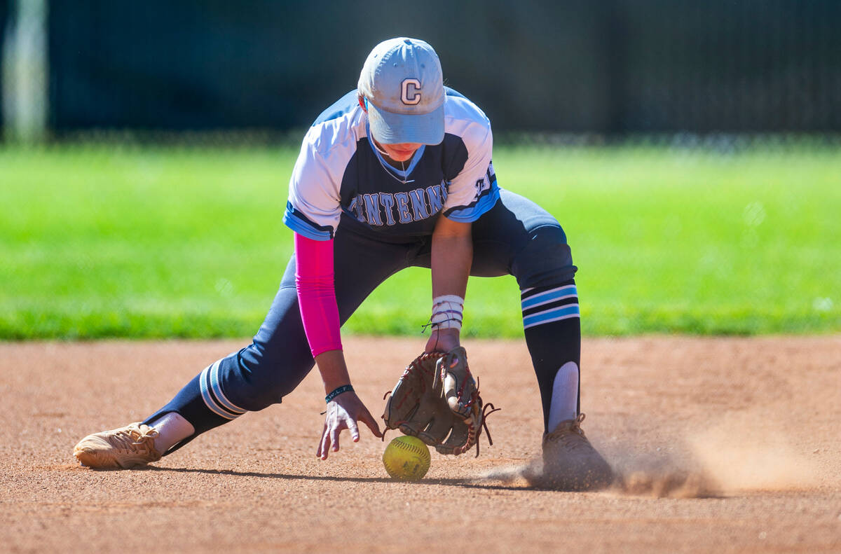 Centennial infielder Juliana Bosco (2) chases a ground ball hit from a Palo Verde batter during ...