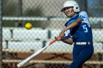 Centennial batter Valeria Lopez (5) connects on a pitch from Palo Verde during the fifth inning ...