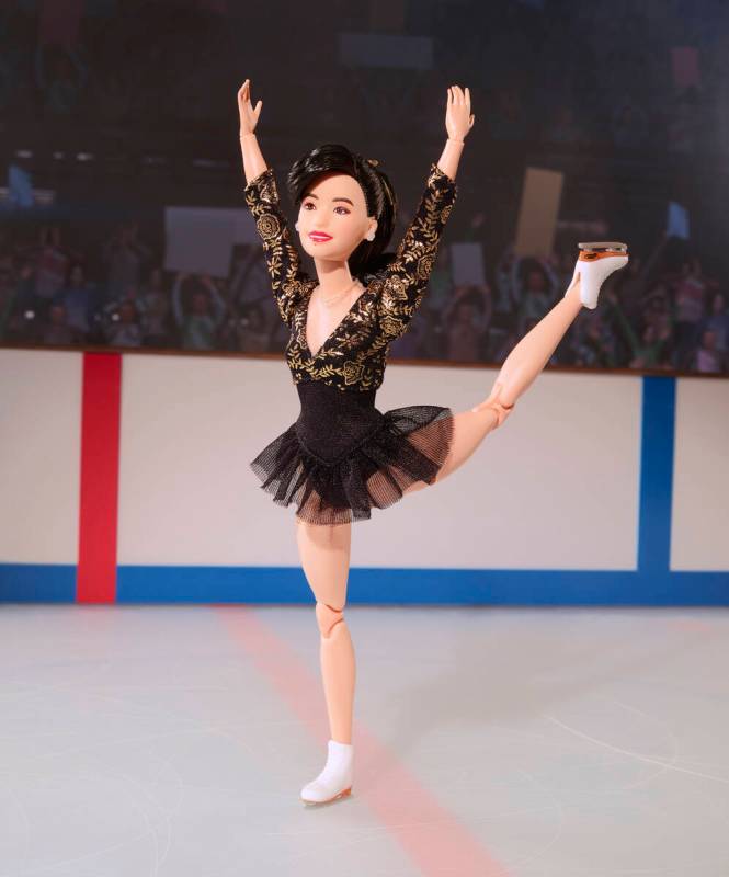 This image provided by Mattel in April 2024 shows the company's Kristi Yamaguchi Barbie doll. Y ...