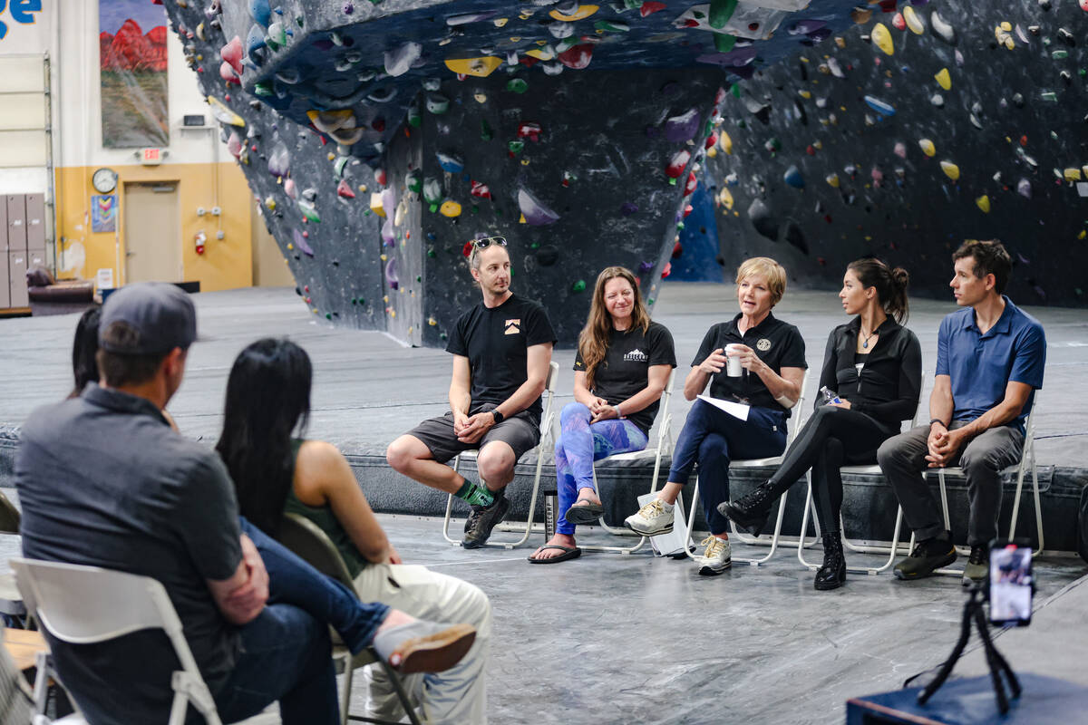 Panelists Justin Edberg, owner of Refuge Climbing and Fitness center, from left, Dolev Schreibe ...