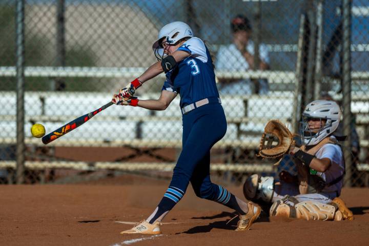 Centennial batter Ashley Madonia (3) connects on a Palo Verde pitch during the sixth inning of ...