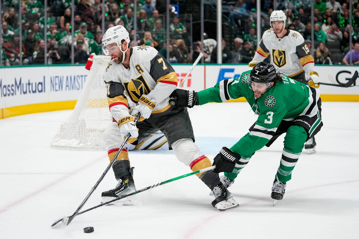 Vegas Golden Knights defenseman Alex Pietrangelo (7) and Dallas Stars defenseman Chris Tanev (3 ...