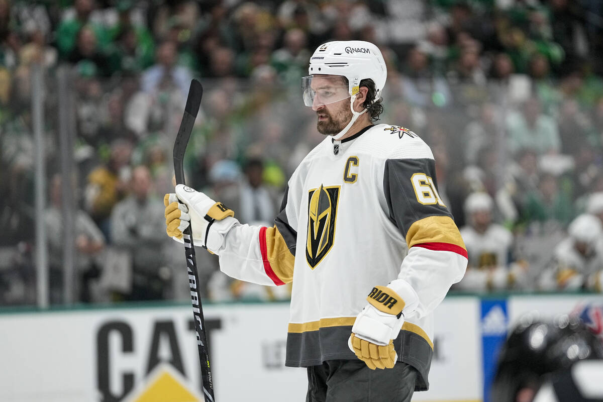 Vegas Golden Knights right wing Mark Stone looks on during the second period in Game 2 of an NH ...