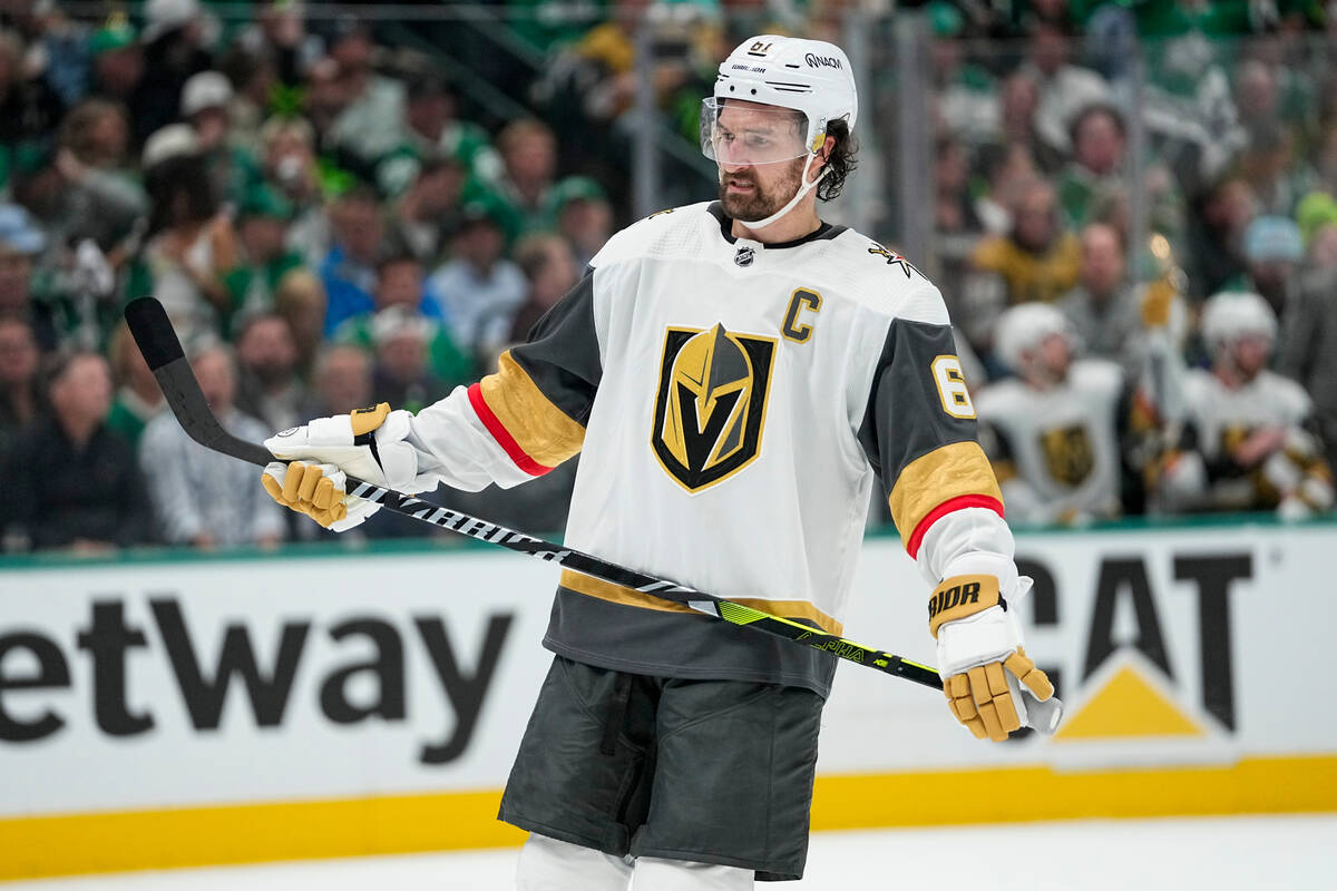 Vegas Golden Knights right wing Mark Stone looks on during the second period in Game 2 of an NH ...