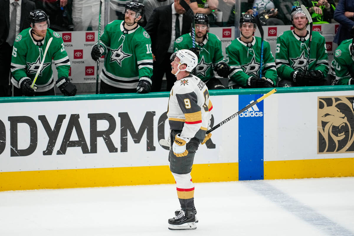 Vegas Golden Knights center Jack Eichel (9) skates by the Dallas Stars bench after scoring an e ...