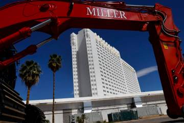 Heavy construction equipment is seen outside the Tropicana hotel-casino on Monday, April 1, 202 ...