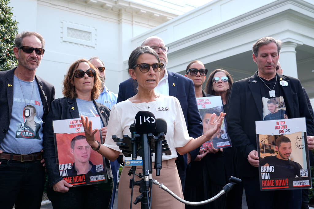 Rachel Goldberg, center, mother of American hostage Hersh Goldberg-Polin, along with other fami ...