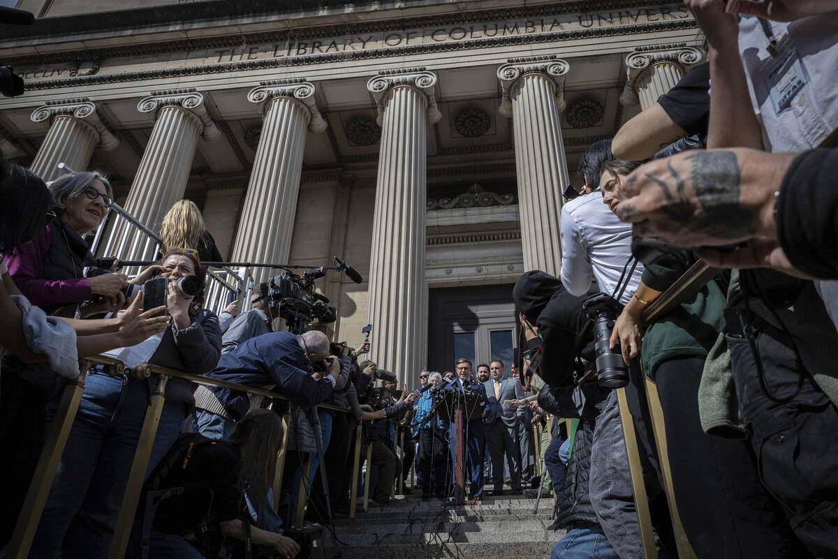 Speaker of the House Mike Johnson (R-LA) speaks to the media on the Lower Library steps on Colu ...