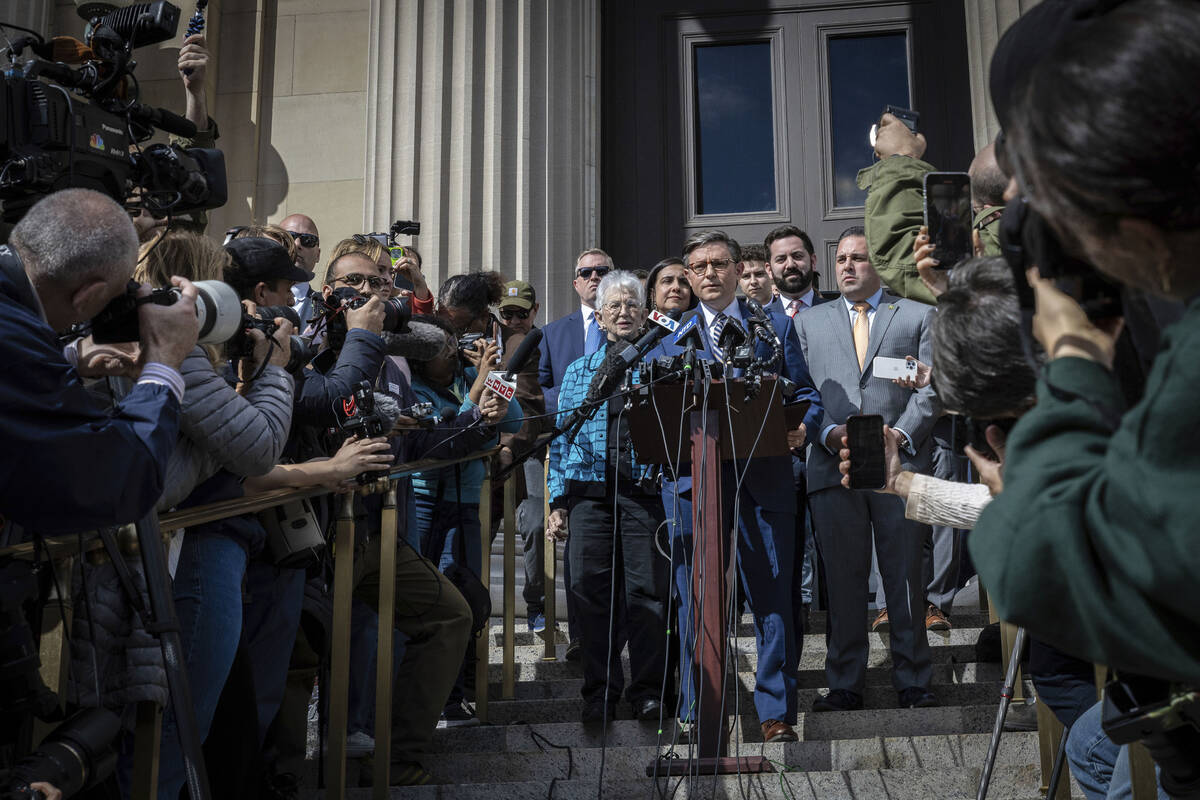 Speaker of the House Mike Johnson, R-La., speaks to the media on the Lower Library steps on Col ...
