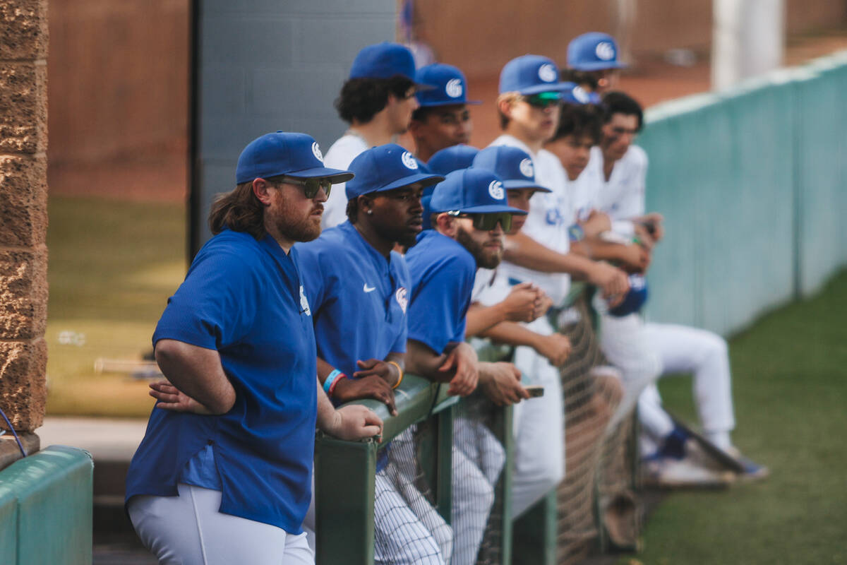 Bishop Gorman interim head coach Jeff Malm watches game action during an baseball game between ...