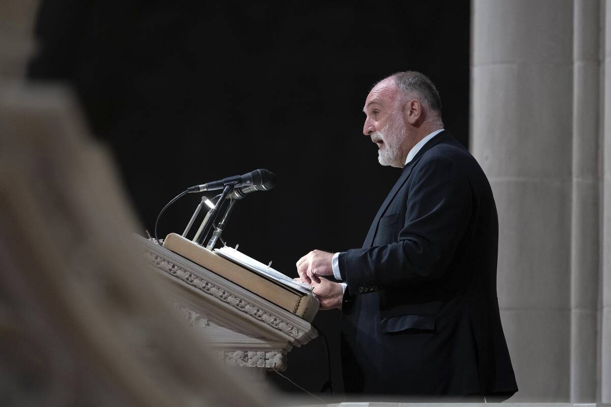 Chef Jose Andres, founder of the American NGO World Central Kitchen, speaks during the World Ce ...