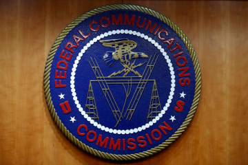 The seal of the Federal Communications Commission (FCC) is seen before an FCC meeting to vote o ...