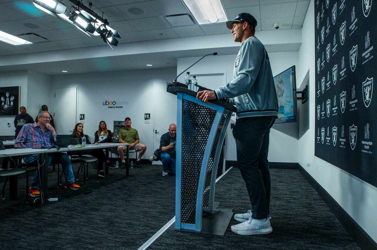 Raiders first round draft pick Brock Bowers speaks during a press conference at the Raiders Hea ...