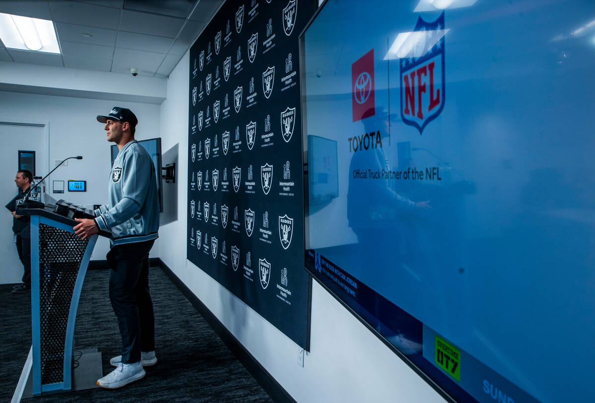 Raiders first round draft pick Brock Bowers speaks during a press conference at the Raiders Hea ...