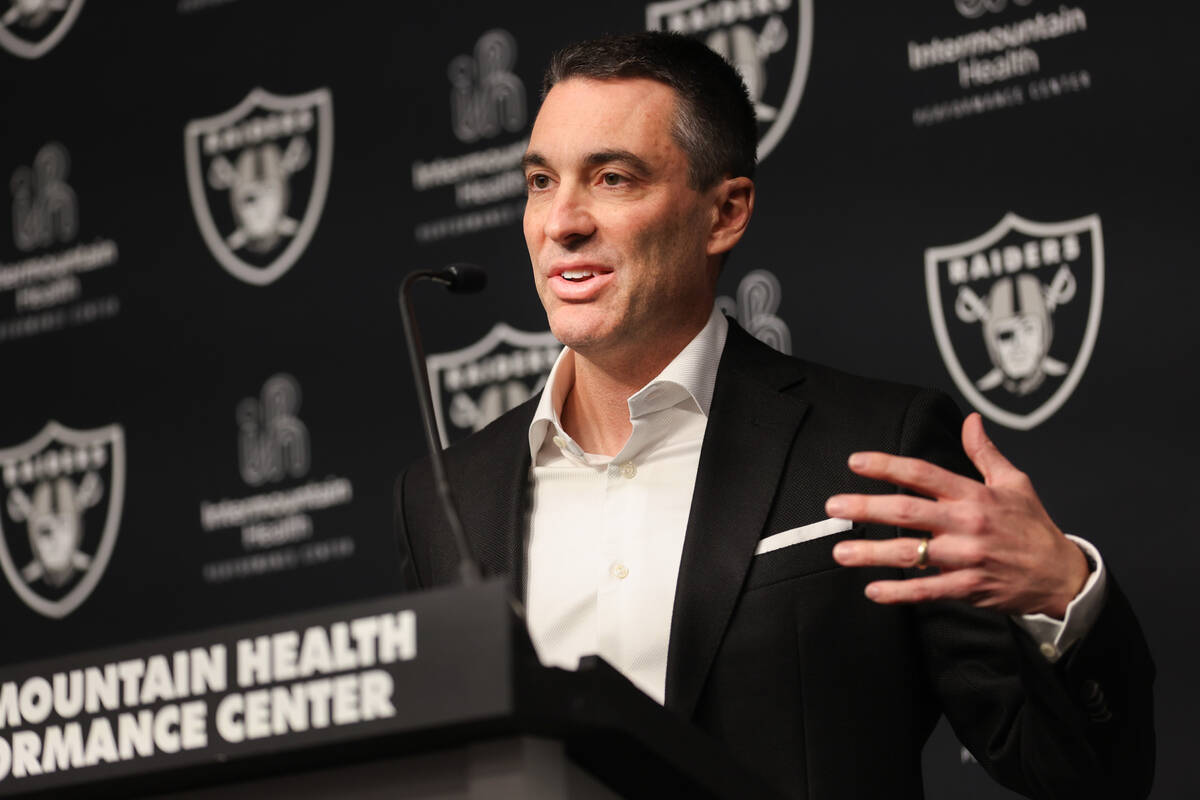 Las Vegas Raiders general manager Tom Telesco speaks during a news conference after the Raiders ...