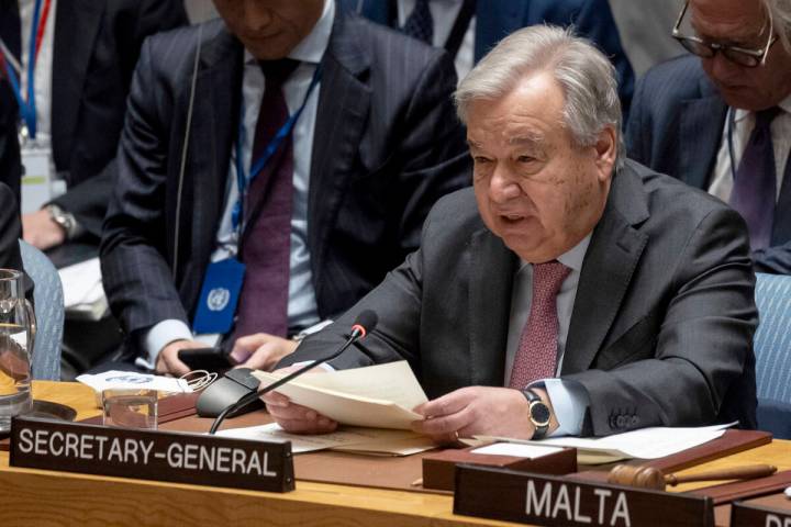 FILE - United Nations Secretary General Antonio Guterres speak during a Security Council meetin ...