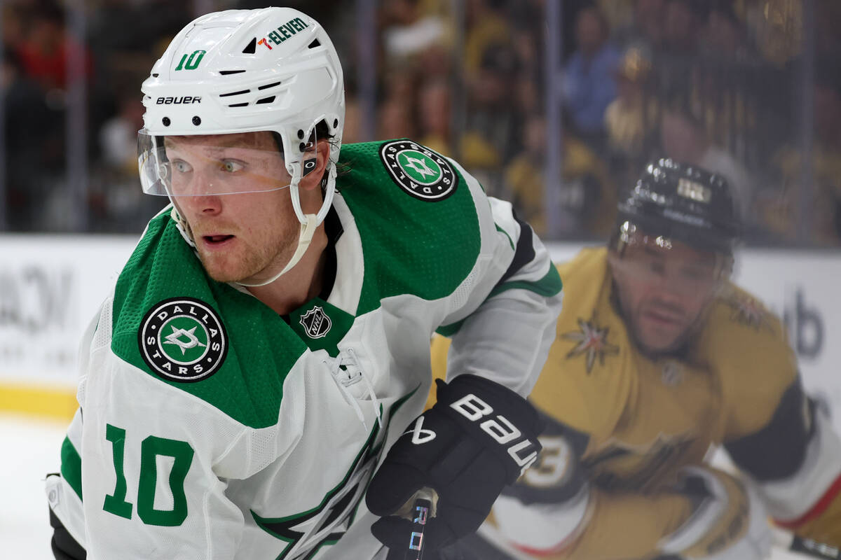 Stars center Ty Dellandrea (10) eyes the puck during overtime in Game 3 of an NHL hockey Stanle ...