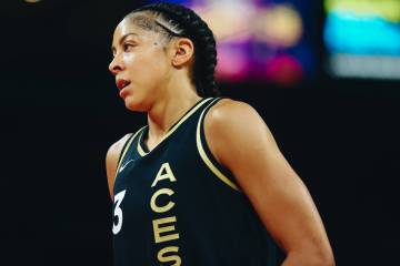 Las Vegas Aces forward/center Candace Parker reacts to a referee’s call against the Las ...