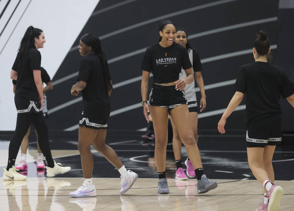 Las Vegas Aces forward A'ja Wilson reacts during practice at the team’s facility on Sund ...