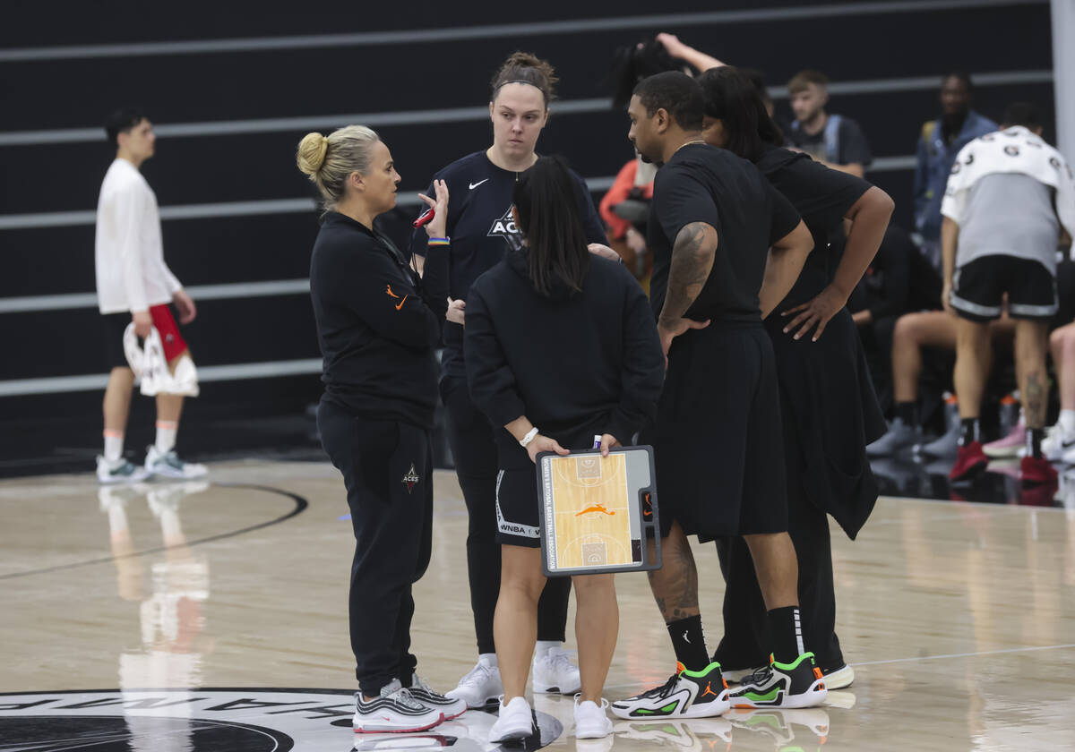 Las Vegas Aces head coach Becky Hammon, left, leads practice at the team’s facility on S ...