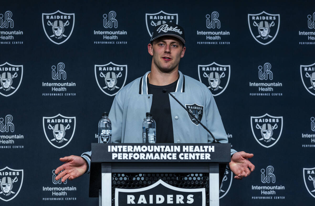 Raiders first round draft pick Brock Bowers speaks during a press conference at the Raiders Hea ...