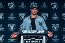 Raiders first round draft pick Brock Bowers speaks during a press conference at the Raiders Hea ...