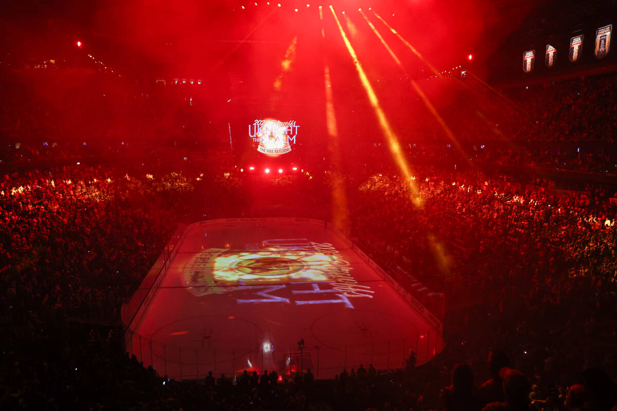 The Golden Knights pre-game show plays before Game 4 of an NHL hockey Stanley Cup first-round p ...