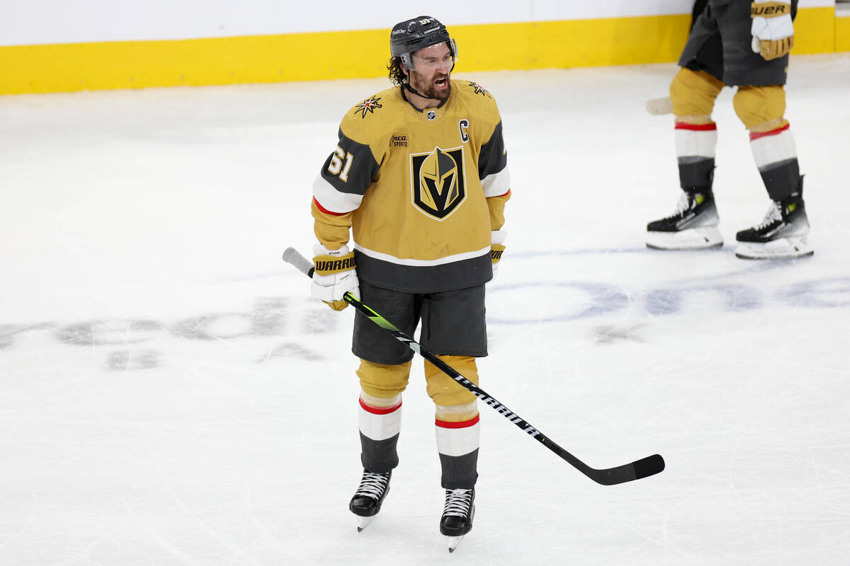 Golden Knights right wing Mark Stone (61) reacts after referees called a penalty on center Chan ...