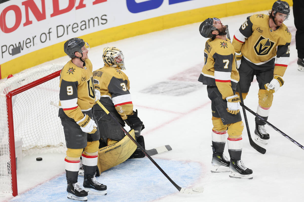 The Golden Knights react after the Stars scored during the second period in Game 4 of an NHL ho ...