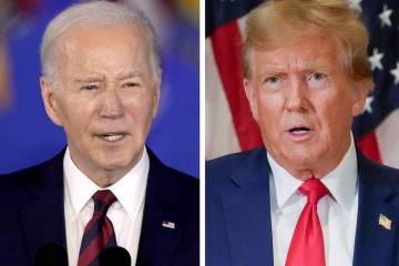 In this combination photo, President Joe Biden speaks in Milwaukee, March 13, 2024, left, and f ...