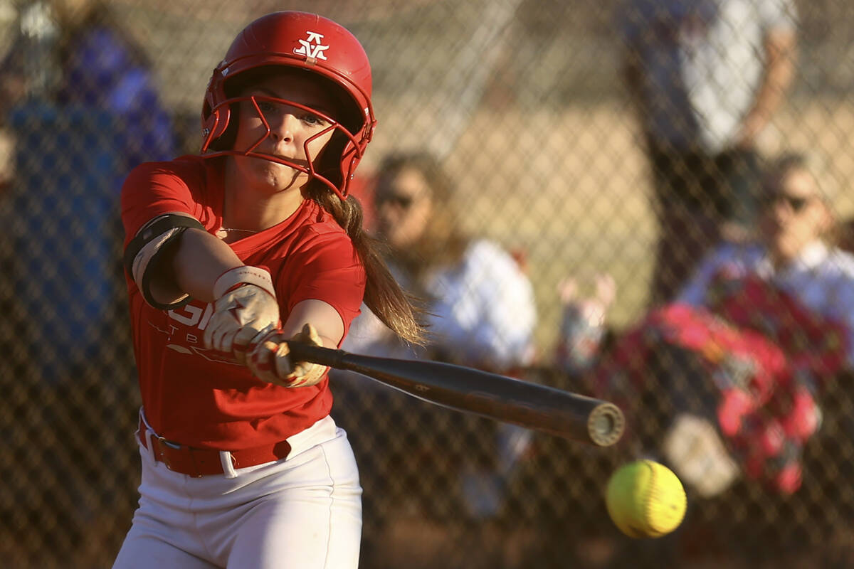 Arbor View’s Breya Hee hits against Centennial during a high school softball game at Arb ...