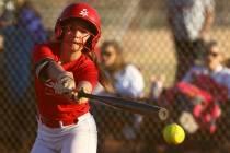 Arbor View’s Breya Hee hits against Centennial during a high school softball game at Arb ...