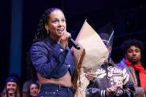 Singer Alicia Keys takes a bow during the curtain call on the opening night of "Hell's Kit ...