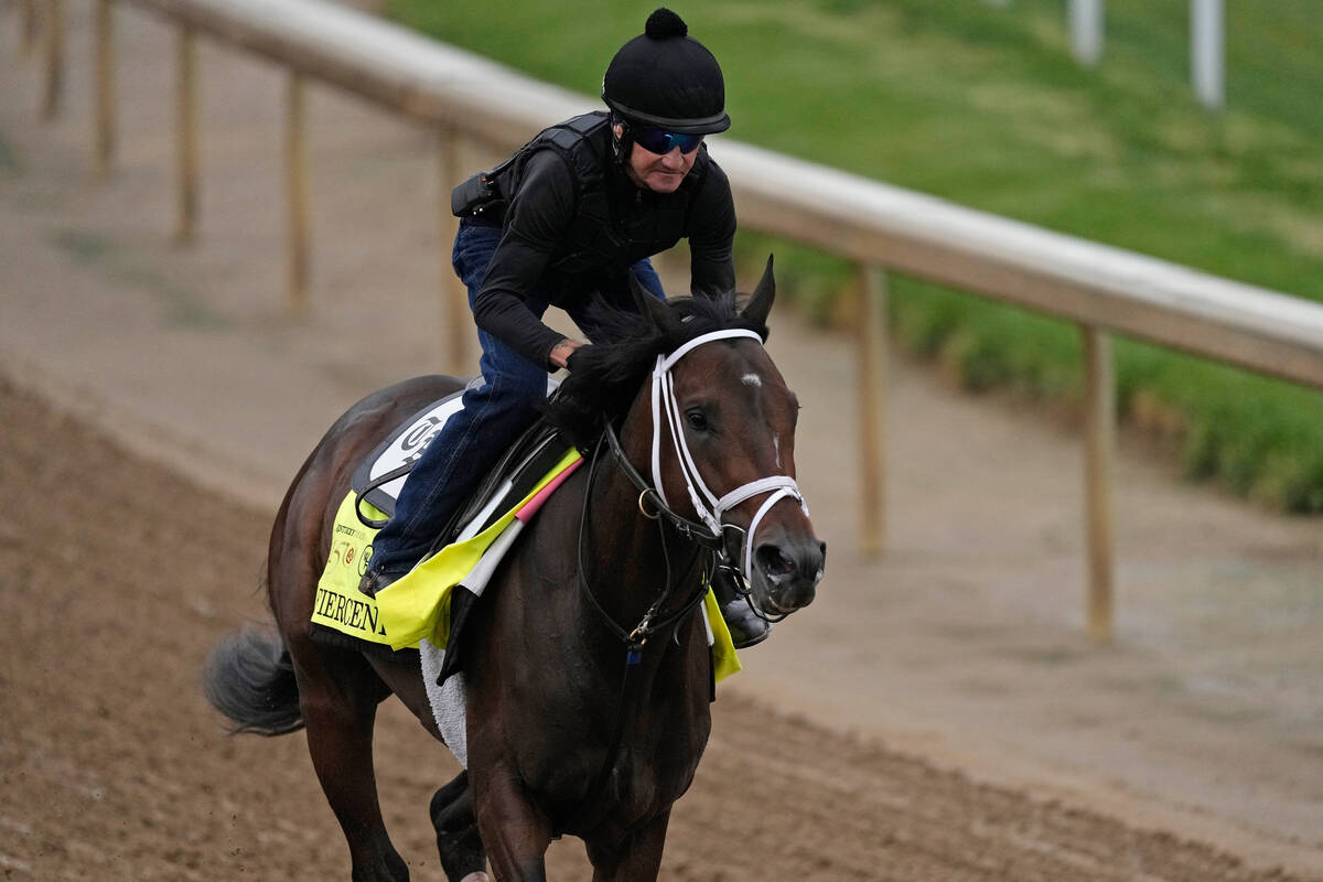 Kentucky Derby hopeful Fierceness works out at Churchill Downs Tuesday, April 30, 2024, in Loui ...