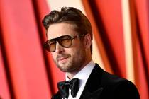 Glen Powell arrives at the Vanity Fair Oscar Party on Sunday, March 10, 2024, at the Wallis Ann ...