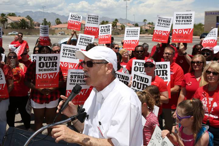John Vellardita, the Clark County Education Association executive director, speaks as about 50 ...