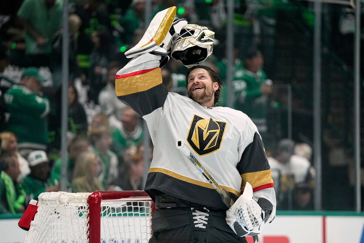 Vegas Golden Knights goaltender Adin Hill prepares for the first period in Game 5 of an NHL hoc ...