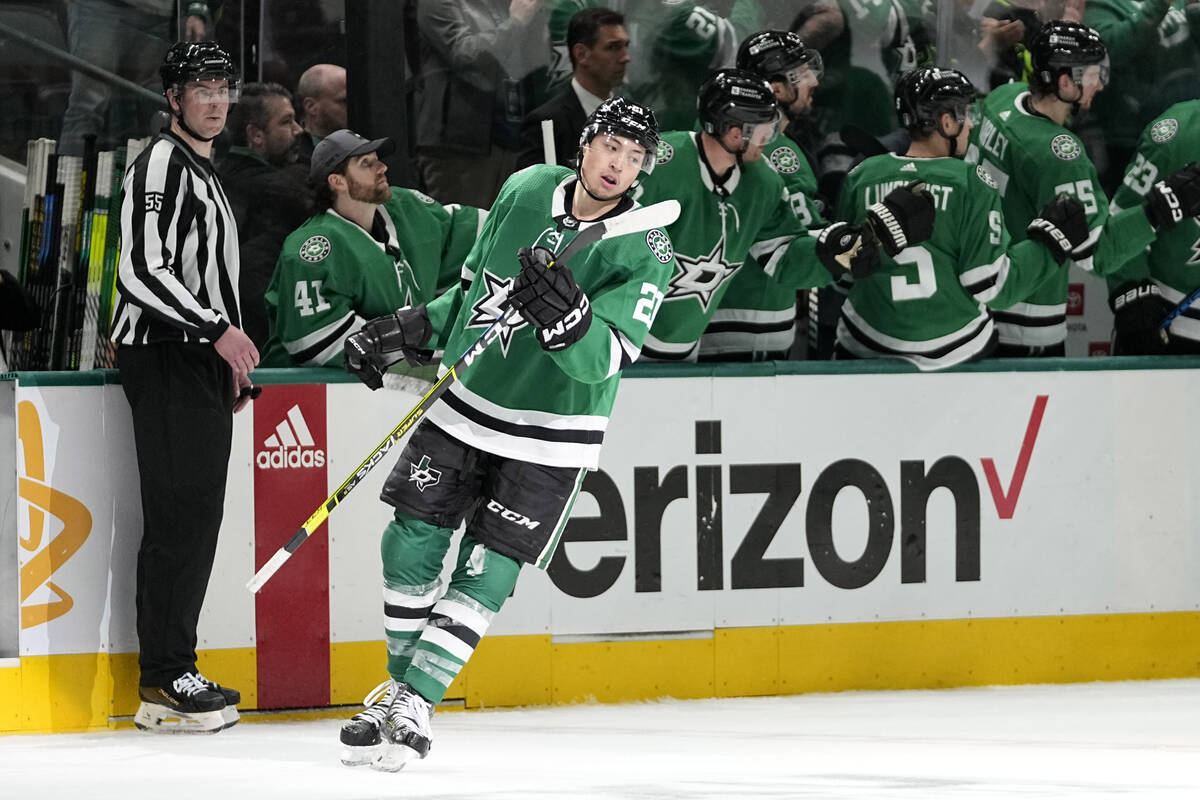 Dallas Stars' Jason Robertson celebrates his goal with the bench in the second period in Game 5 ...