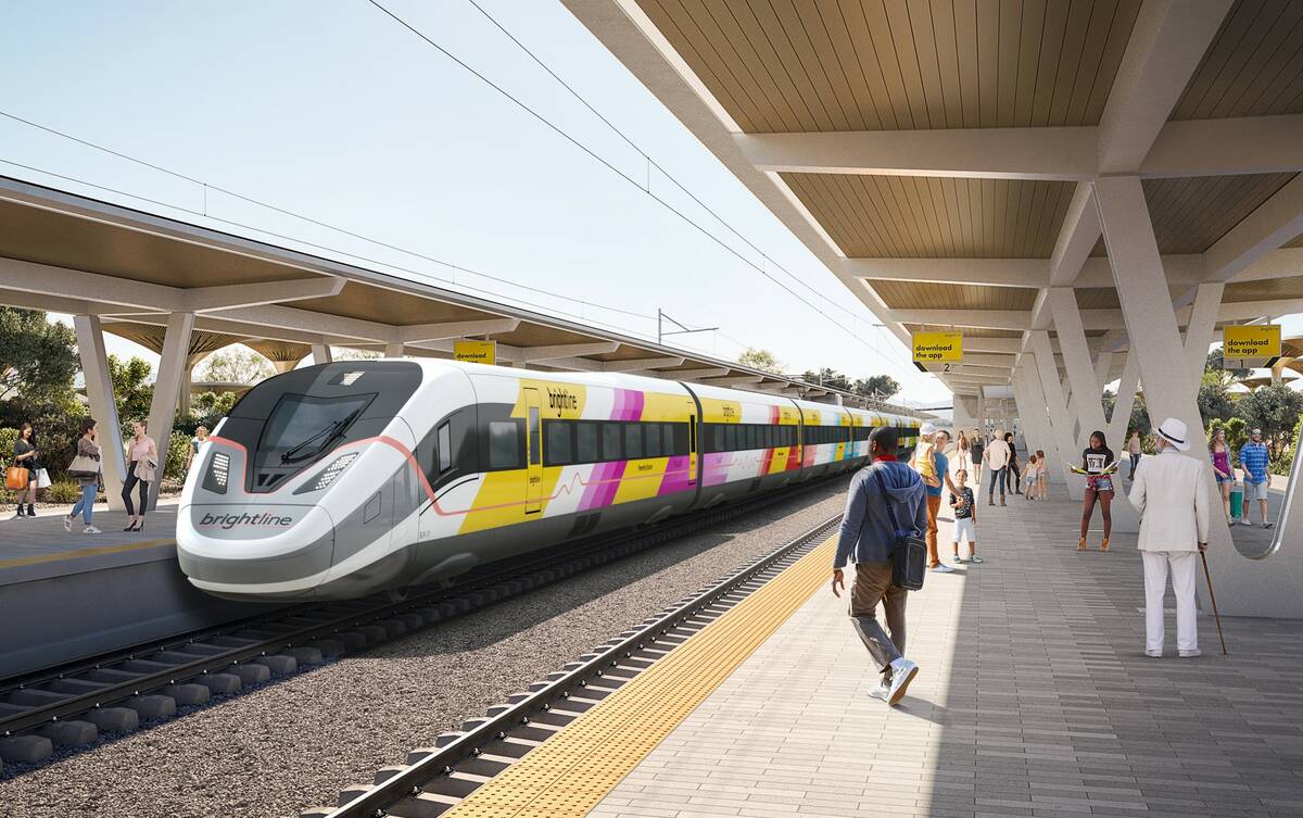 A rendering of a Brightline West train that could be used on the planned Las Vegas-to-Southern ...