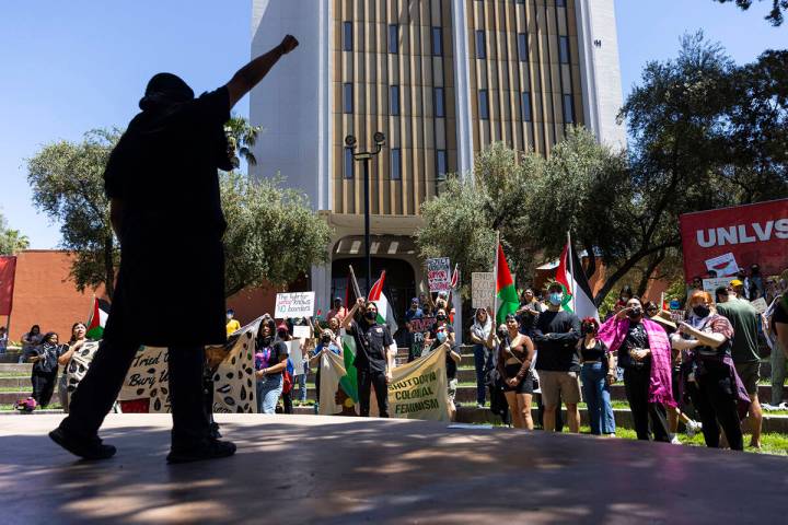 Pro-Palestianian protesters and student groups chant on campus at UNLV on Wednesday, May 1, 202 ...