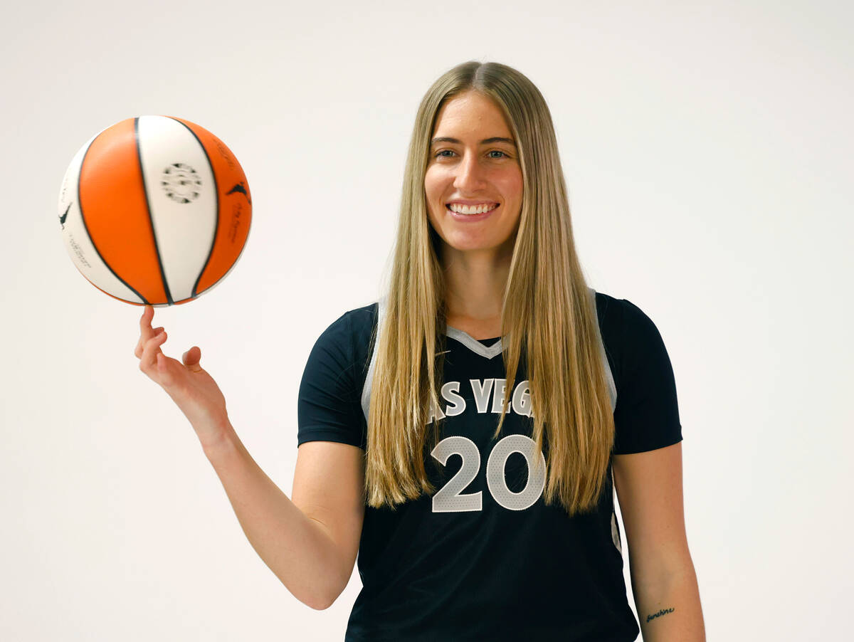 Las Vegas Aces guard Kate Martin (20) poses for a photo during team's media day, on Friday, May ...