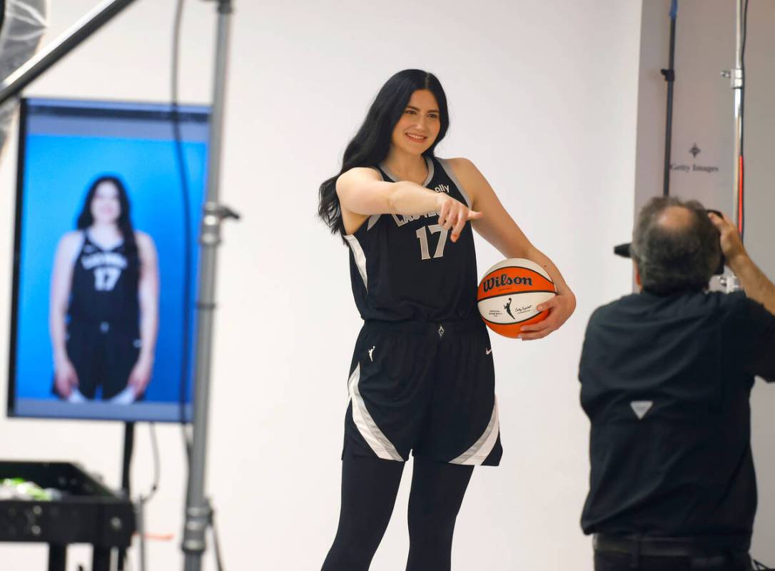 Las Vegas Aces center Megan Gustafson (17) poses for a photo during Aces media day, on Friday, ...