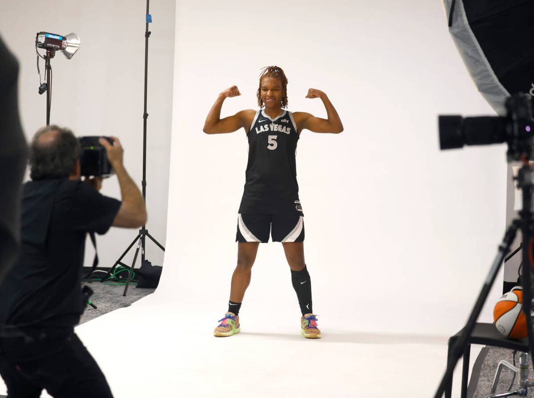 Las Vegas Aces guard Kamaria McDaniel (5) poses for a photo during team's media day, on Friday, ...