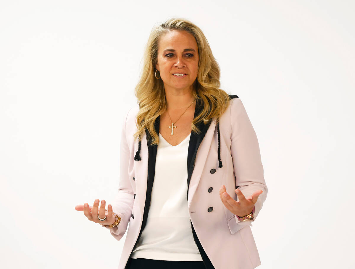 Las Vegas Aces head coach Becky Hammon poses for a photo during team's media day, on Friday, Ma ...